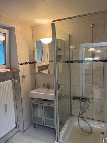 慕尼黑Bibis Ferienwohnung的带淋浴和盥洗盆的浴室