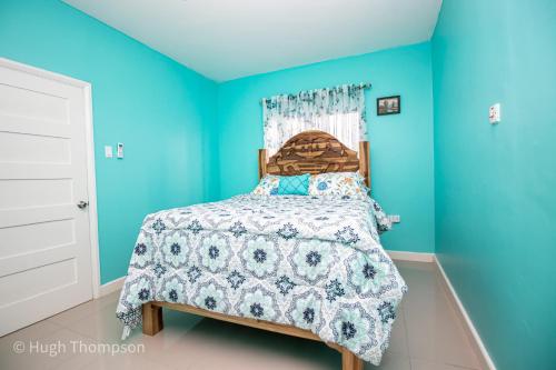 圣玛丽THE SPLASHING VIEW的卧室拥有蓝色的墙壁和一张床
