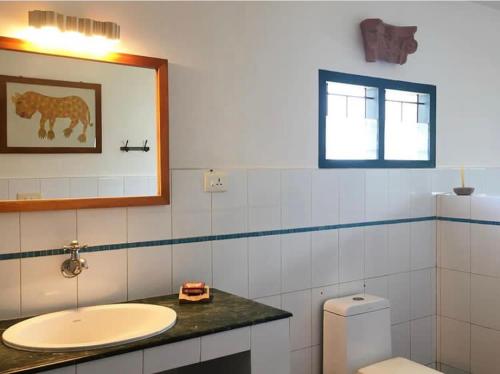瓦尔卡拉Villa Jacaranda的一间带水槽、卫生间和镜子的浴室
