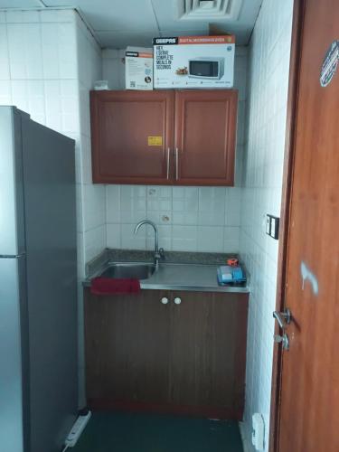 迪拜GRACE BEDSPACE, HOSTEL AND ACCOMODATIONS的一间带水槽和微波炉的小厨房