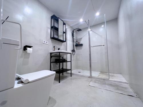 El Carrer del CanongeHUG HOTEL2022的带淋浴和卫生间的白色浴室