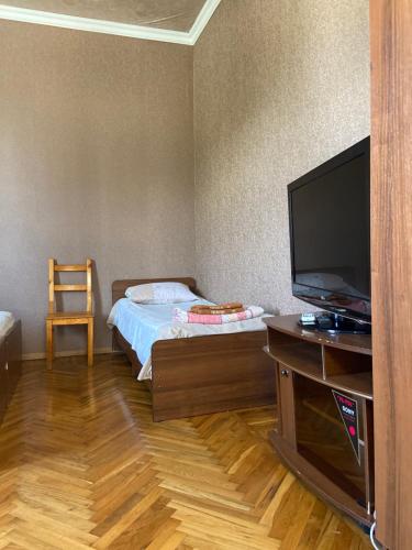 苏呼米Уютный Дворик的小房间设有一张床和一台平面电视