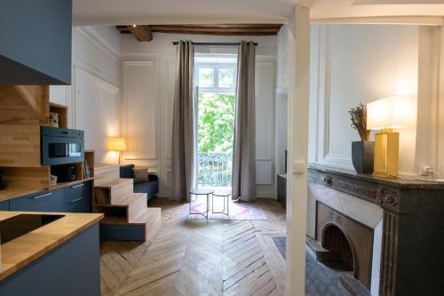 里昂Le Chavannes -Ecrin élégant & Cosy - Pentes de la Croix Rousse的带壁炉的客房和带窗户的客厅