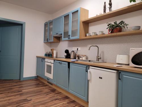 德布勒森Jégmadár Apartman的厨房铺有木地板,配有蓝色橱柜。