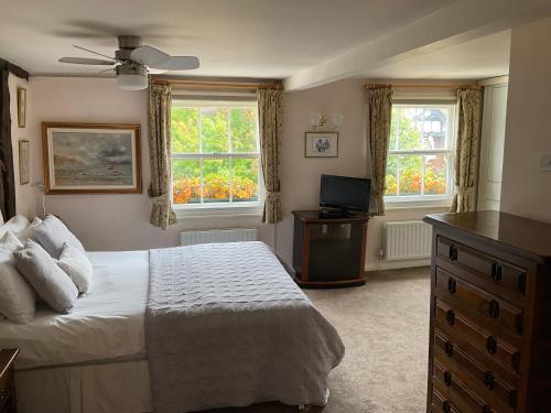 Bramley祖莉法玛宾馆的一间卧室配有一张床、一台电视和两个窗户。