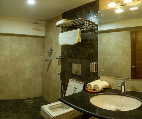巴克塔普尔Hotel Traditional的一间带水槽、卫生间和镜子的浴室