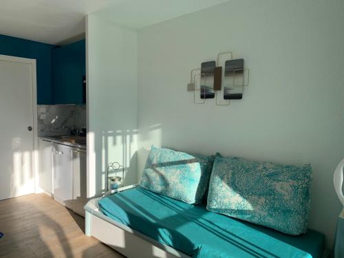 塔勒蒙Vue mer, superbe appartement refait à neuf!的客房设有带枕头的绿色沙发。