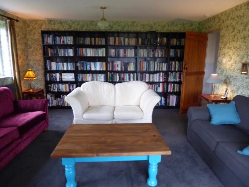 埃斯克代尔High Ground Cottage, Eskdale的客厅配有白色沙发和书架