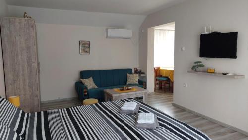 弗尔尼亚奇卡矿泉镇Apartmani MALINA的一间卧室配有一张床、一张沙发和一台电视