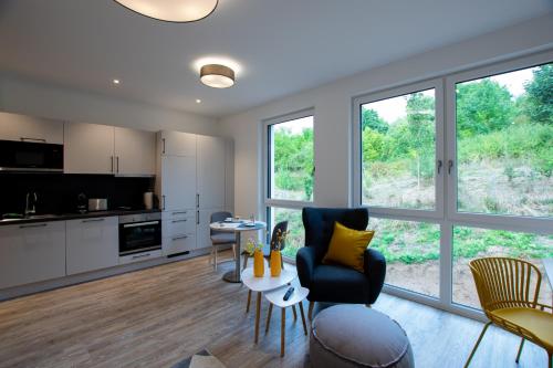 赫斯巴赫Livin63 Studio Apartments的厨房以及带沙发和椅子的客厅。