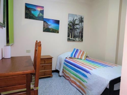罗萨里奥港Apartment Severo Ochoa的一间卧室配有一张床和一张书桌,墙上挂有图片