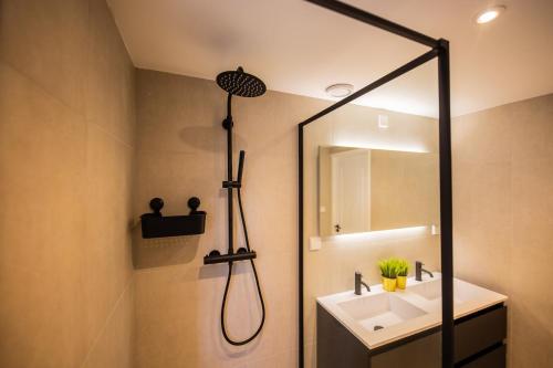 鹿特丹Happily 2 Bedroom Serviced Apartment 75m2 -NB306H-的带淋浴、盥洗盆和镜子的浴室