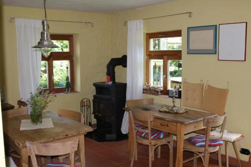 Sontheim客什菲生态旅馆的厨房配有燃木炉灶和桌椅