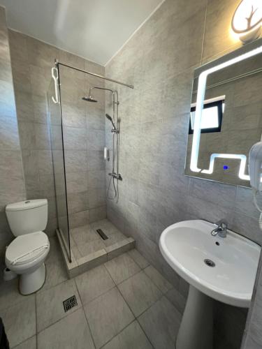 康斯坦察Hotel Miniom的带淋浴、卫生间和盥洗盆的浴室
