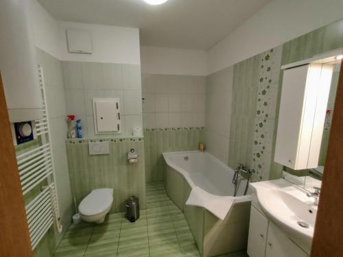 德辛Bohemica Apartments的带浴缸、卫生间和盥洗盆的浴室