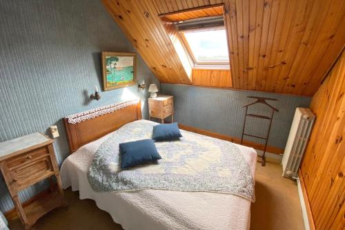 LocquénoléLocquenole house with sea view的一间卧室配有一张带蓝色枕头的床。