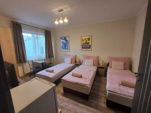 德布勒森Borostyán Panzió的酒店客房设有两张床和一张桌子。