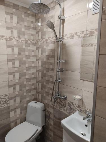 科普里夫什迪察Тороманова къща的浴室配有卫生间、淋浴和盥洗盆。
