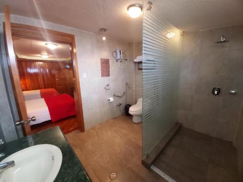 里奥班巴Mirador de Bellavista Riobamba的带淋浴、卫生间和盥洗盆的浴室