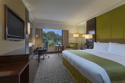 新加坡Holiday Inn Singapore Orchard City Centre, an IHG Hotel的酒店客房配有一张床、一张书桌和一台电视。