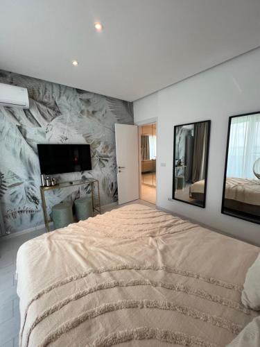 马马亚Sunset Lake Apartments - Mamaia Nord的一间带大床和电视的卧室