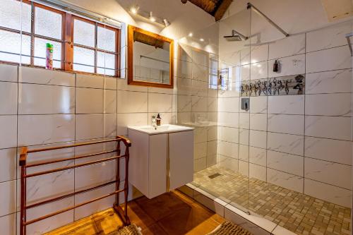 雾观Royal Bakoena Hamiltonparks Country Lodge的一间带水槽和淋浴的浴室