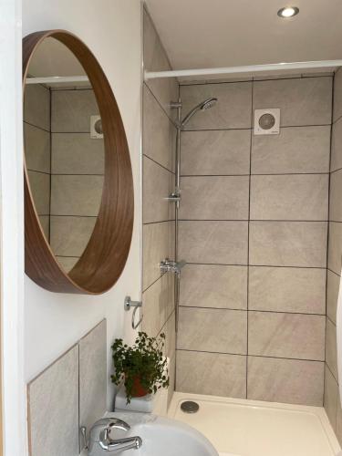 罗森代尔Rossendale Holiday Cottages的带淋浴、水槽和镜子的浴室