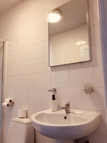 兰卡斯特'Bloomfield' at stayBOOM的一间带水槽、卫生间和镜子的浴室