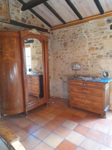 LoubejacLa petite maison bleue avec piscine的一间设有木制橱柜和镜子的客房