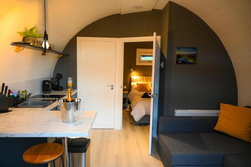因弗戈登Newmore Highland Pods with Hot Tubs on NC500的厨房以及带沙发和床的客厅。