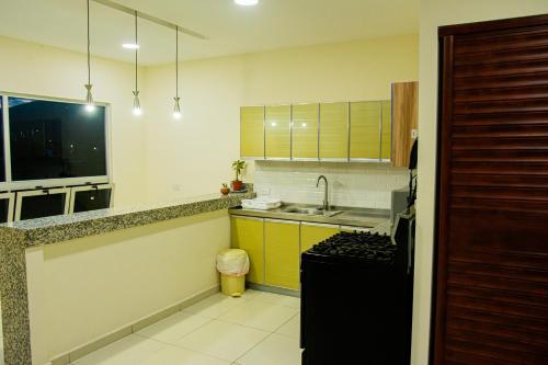 圣萨尔瓦多City Views Apartment的一间带水槽和炉灶的小厨房