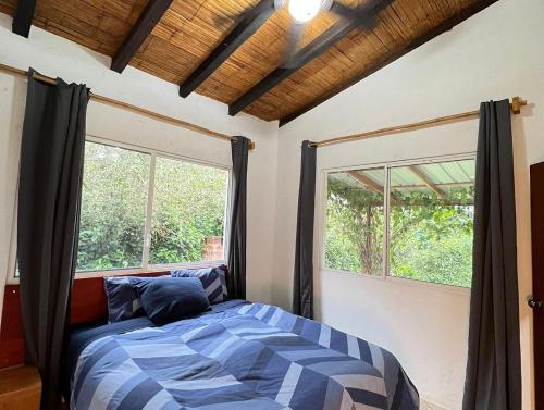 奥隆Olon Cabin的一间卧室设有一张床和两个窗户。