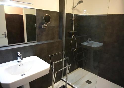 洛特河畔的维伦纽夫冰川酒店的一间带水槽和淋浴的浴室