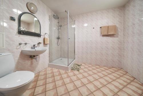 奥尔什丁Hostel Relaks的带淋浴、卫生间和盥洗盆的浴室
