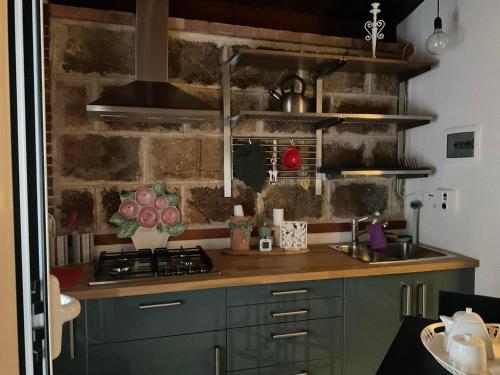 泰拉西尼la Casetta di Laura的厨房设有绿色橱柜和石墙
