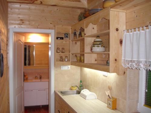 卡鲁德杰尔斯科巴尔Zeleni Čardaci etno apartmani的一间带木墙和水槽的厨房
