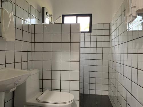 莫阿尔博阿Palm Tree Lodge的白色瓷砖浴室设有卫生间和窗户。