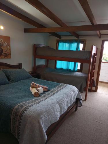 比亚里卡Hostal Valentino Villarrica的一间卧室配有两张双层床,床上配有泰迪熊