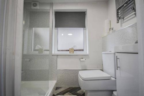 乔利Self contained studio in Chorley by Lancashire Holiday Lets的白色的浴室设有卫生间和窗户。