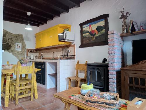米耶雷斯La Castañar - La Vallicuerra Casas Rurales的厨房配有桌子和炉灶。