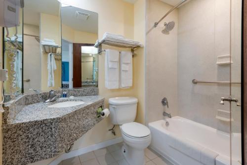 新帕尔茨Rodeway Inn & Suites New Paltz- Hudson Valley的浴室配有卫生间、盥洗盆和浴缸。