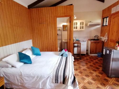 安加罗阿Tuava Lodge的一间卧室配有白色床和蓝色枕头