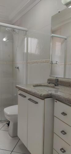 巴拉奈里奥-坎布里乌Incrível apartamento Balneário Camboriú的一间带卫生间、水槽和镜子的浴室