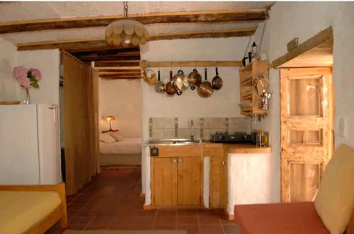 皮斯科艾齐Ladera Loft Pisco Elqui的厨房配有木制橱柜和白色冰箱。
