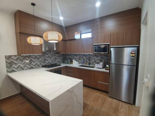 南迪Executive Two Bedroom Villa For Hire in Nadi的厨房配有不锈钢冰箱和木制橱柜