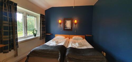 索莱夫特奥Nipanhotellet的蓝色墙壁客房的两张床