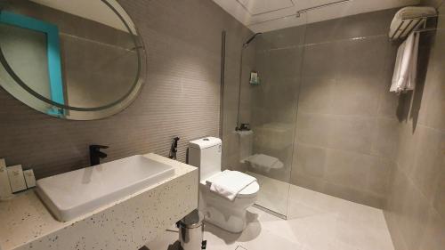 吉达Al Rayyan Tower的一间带水槽、卫生间和镜子的浴室