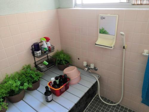 松山shiokaze guest house / Vacation STAY 6794的浴室设有盆栽植物、水槽和镜子