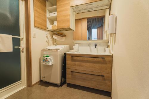 下诹访町マークヴィラ諏訪湖 siteA的一间带水槽和一台洗衣机的小浴室