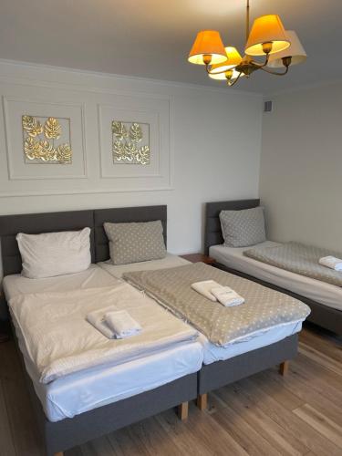 布罗德尼察Noclegi w Centrum Brodnicy的一间卧室配有一张床、一张沙发和一个吊灯。